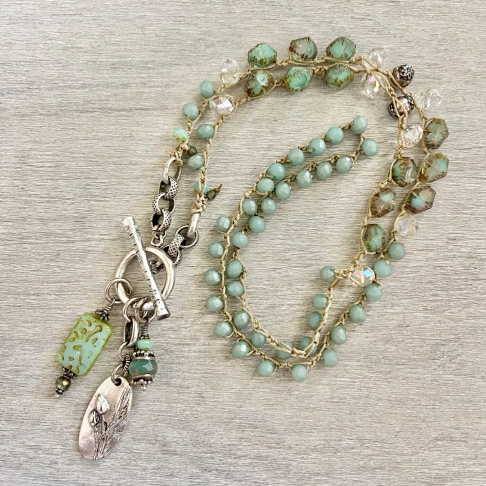 ARTISAN OOAK Sea Green Beaded Crocheted Necklace with Specialty Accents & Charms - Picture 4 of 11